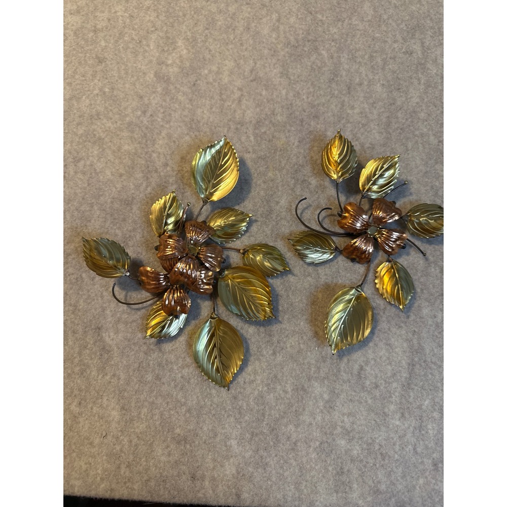 Vintage Mid Century Modern Metal Flower Leaf Wall Art Set Copper Brass MCM Decor